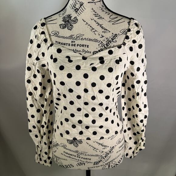 BLU PEPPER Polka Dot Long Sleeve Blouse Cream Black Women‎ Small - Picture 1 of 8